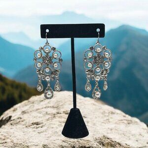 Beautifull Silver Tone Pearl and Crystal Chandelier Earrings